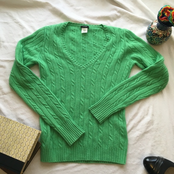 J. Crew Cashmere Blend Green Cable Knit Sweater - Picture 1 of 4
